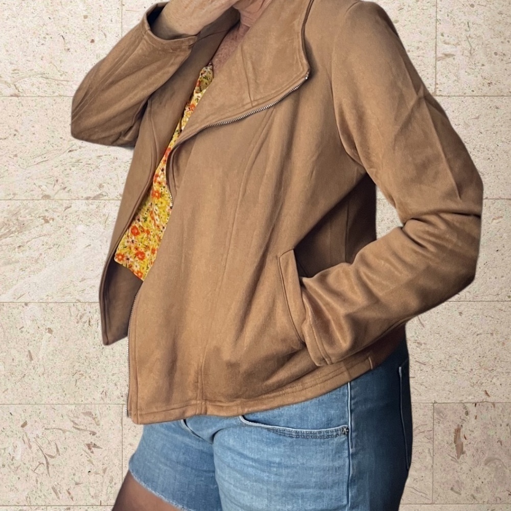 Moto-Style Soft Vegan Suede Lightweight Long Sleeve Jacket-Tan/LG/NWT - Picture 12 of 15